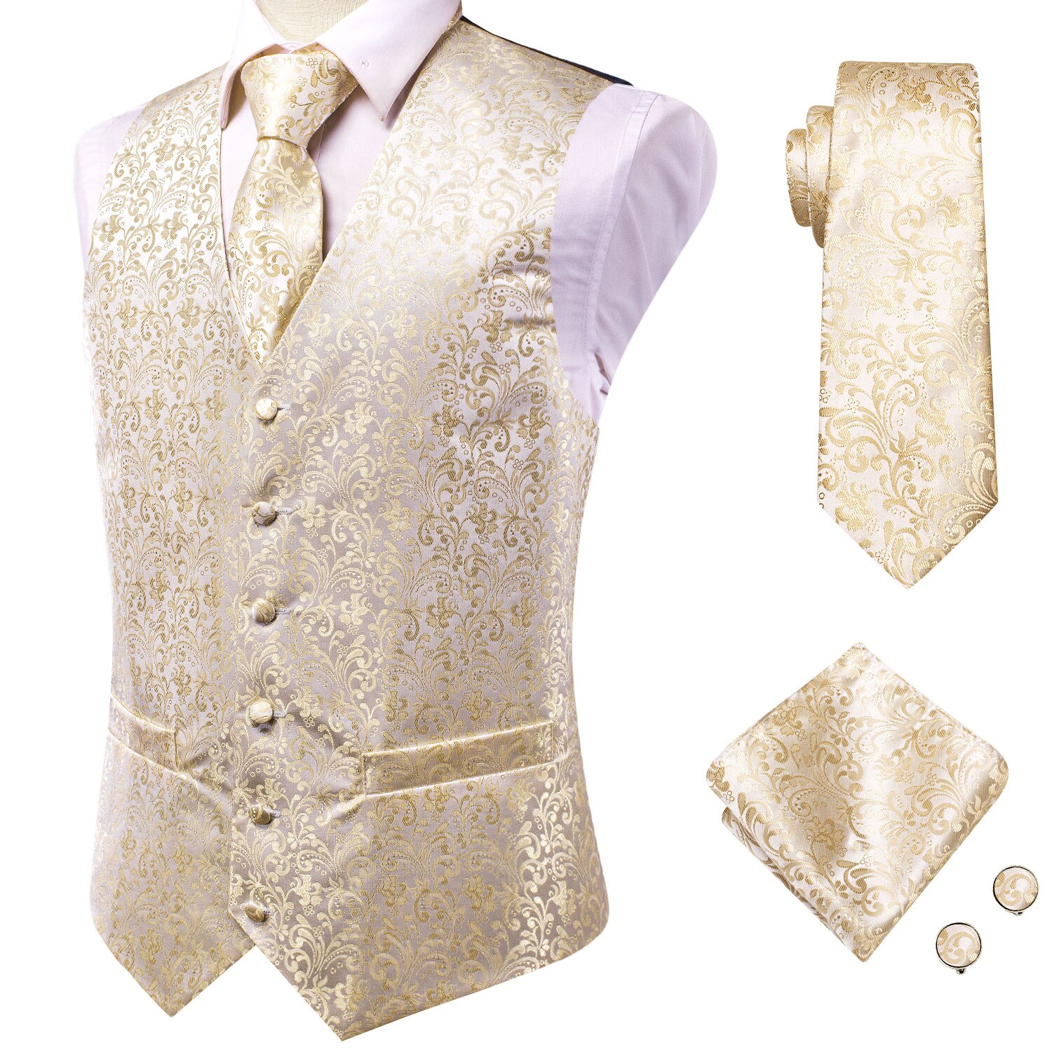 2 Hi-Tie Silk Champagne Vest Set For Men Smart Casual Men s Vest Suit