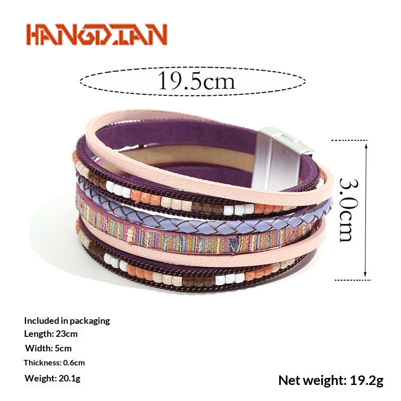 HANGDIAN Bohemian Style Multi-Layer PU Leather Bracelet with Magnetic Clasp and Beaded Design for Fashionable Women ราคา 70 บาท*ส่งฟรี