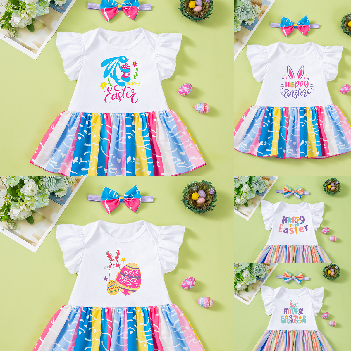 CEEKEY เสื้อผ้าวันหยุดสำหรับเด็กผู้หญิงชุดกระโปรงทรงแขนบินอีสเตอร์ผ้านุ่มที่คาดผมโบว์ชุดสองชิ้น เสื้อสงกรานต์เด็ก ราคา 159 บาท*ส่งฟรี