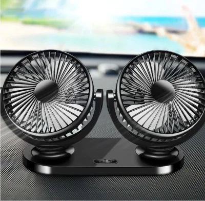 Strong Wind 12V 24V USB Car Vehicle Fan Small Electric Fan Double Head Shaking USB Fan Low Noise Summer Air Conditioner 360 Degree Rotating 3 Levels Adjustable for Large Freight Vehicles