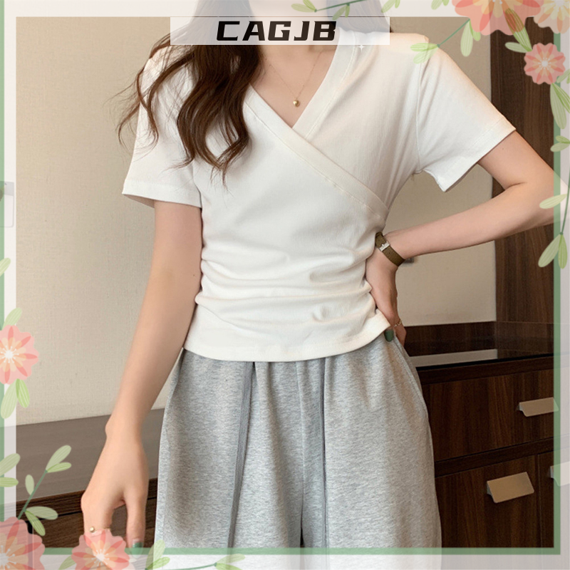 CAGJB Clothing Store sẵn sàng chuyển hàng Áo thun cổ chữ V chéo gợi cảm mùa hè Áo thun nữ ôm sát ngắn tay màu trơn