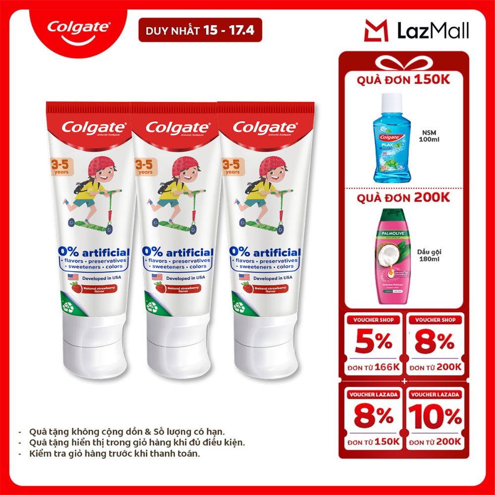 [Chỉ 15-17.4_X2 Voucher giảm đến 18%] Bộ 3 Kem đánh răng Colgate Kid Free From cho trẻ em 3-5 tuổi không hương liệu và chất bảo quản 80g/tuýp