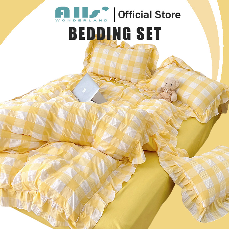 Alls' Wonderland Chenille Checkerboard Bedding Set With Lace Duvet Cover Set Bedsheet +Pillowcase Solid Color Bedsheet Set Single Queen King ราคา 1,061 บาท*ส่งฟรี