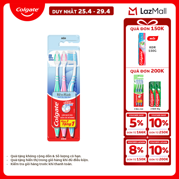 [Chỉ 25-29.4_X2 Voucher giảm 20%] Bàn chải đánh răng Colgate SlimSoft Deep Clean sạch sâu hiệu quả