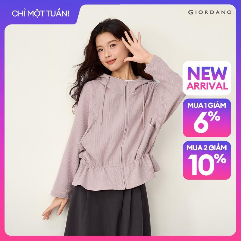 GIORDANO Women Jackets Waffle Ruffle Hem Jackets Seam Detail Zip Front Fashionable Casual Loose Hooded Jackets 13376226