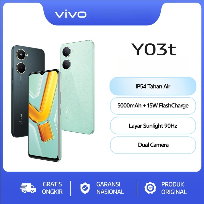 vivo Y03t [4/64 GB] - IP54 Tahan Air, AI Dual Camera 5000mAh + 15W FlashCharge, Layar Sunlight 90Hz Harga  1,499,000 Ringgit*Penghantaran Percuma