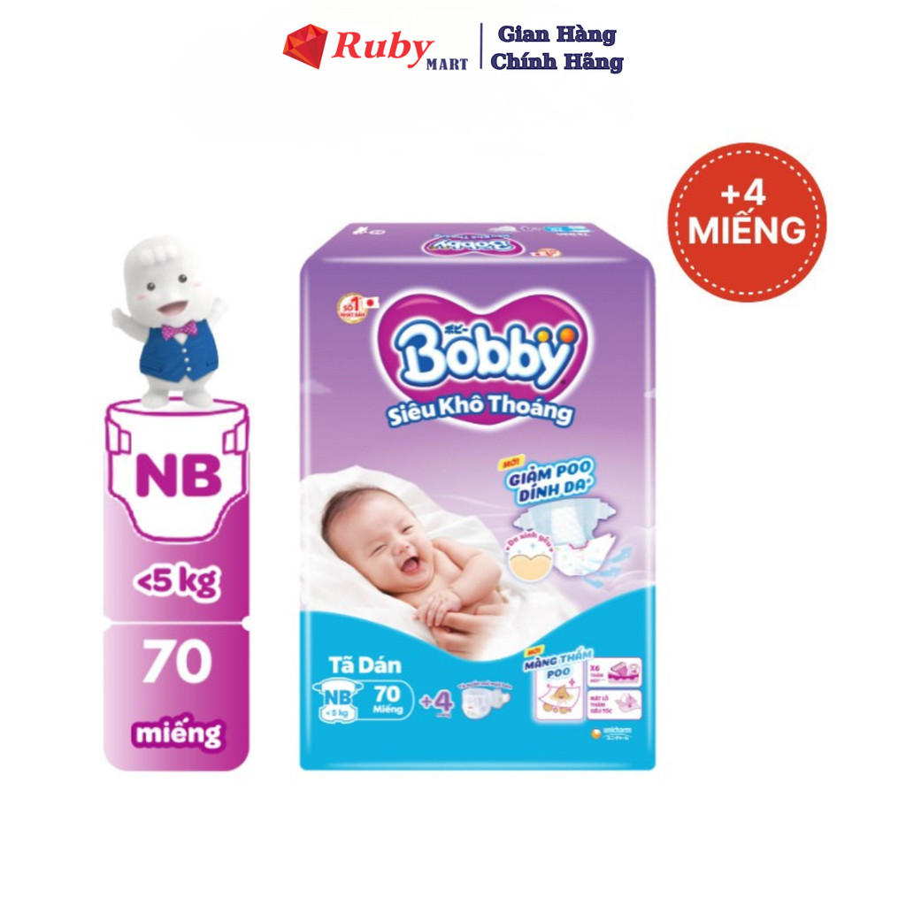 Tã dán sơ sinh Bobby XS70 mới- Lõi nén cotton-soft 3mm