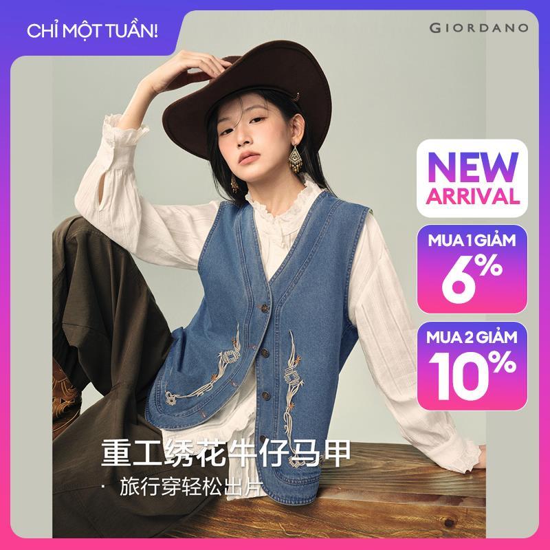 GIORDANO Women Vests Vintage Embroidery Washed Denim Vests V-Neck Regular Fit Fashionable Casual Denim Vests 18376806