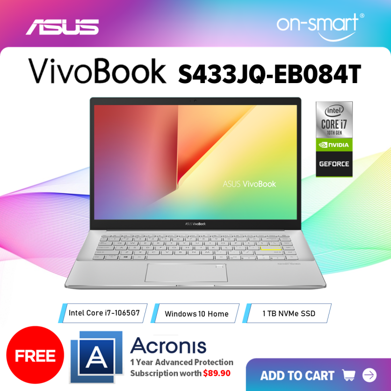 【Next Day Delivery】ASUS VivoBook S14 S433JQ-EB084T | Intel Core i7-1065G7 Processor | 8GB RAM | 1TB NVMe PCIe SSD | NVIDIA GeForce MX350 2GB GDDR5 | Windows 10 Home | 2 Years International Warranty | FREE Acronis Subscription | OnSmart
