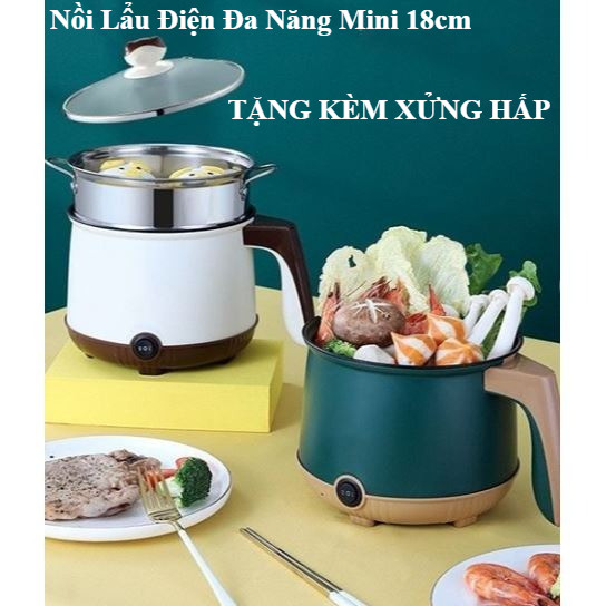 Nồi lẩu điện mini 2 tầng đa năng tặng kèm khay hấp, nồi nấu mì đa năng