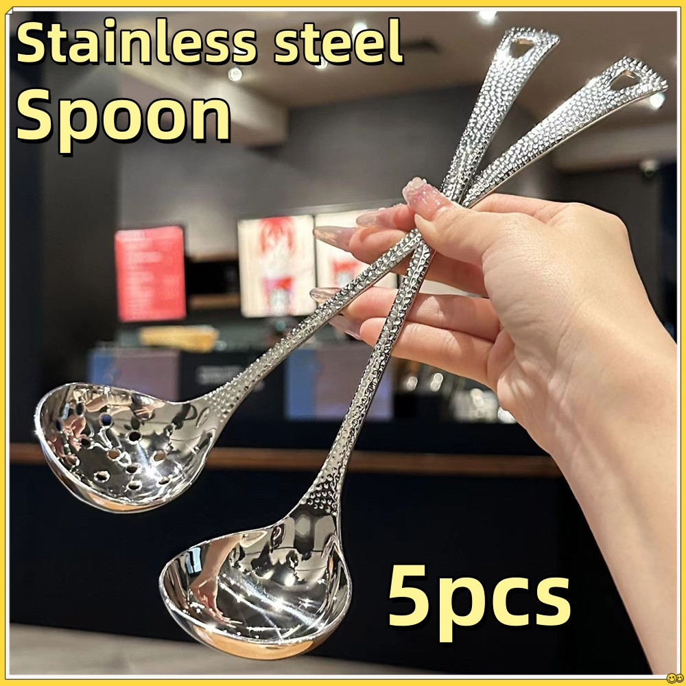 5pcs Stainless Steel Spoons, Soup Spoons, Leaky Spoons, Long Handled Rice Spoons, Durable Canteen Household Utensils ราคา 14 บาท*ส่งฟรี