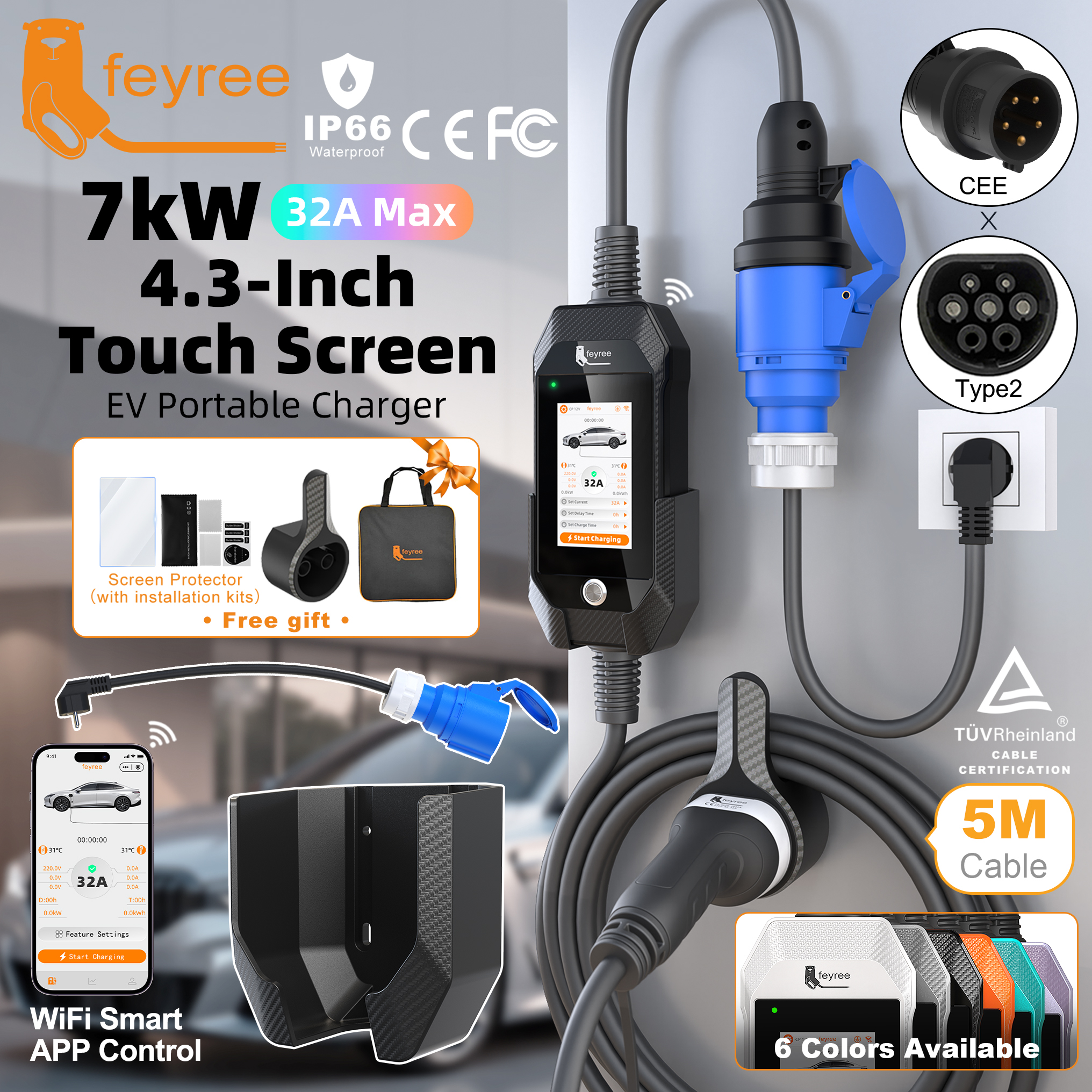 feyree 4.3 Inch Touch Screen Portable 7kW EV Charger Type2 Charging Plug with Smart Wifi APP AC Home Charger Professional Design ราคา 9,990 บาท*ส่งฟรี