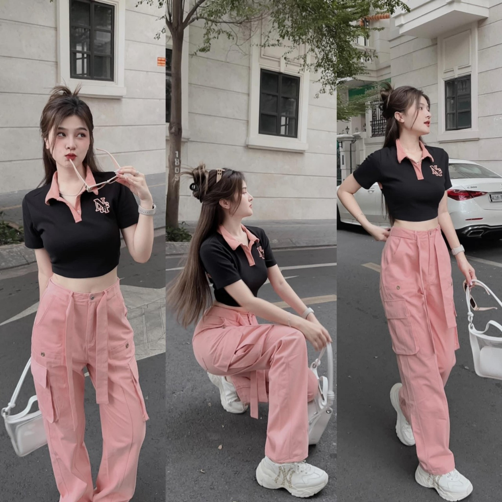 Sét bộ thể thao áo croptop mix quần suông túi hộp