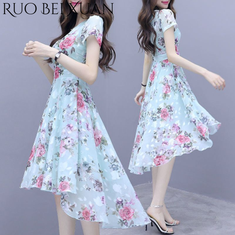 Ruo Bei Xuan Female Summer New Summer Fairy Mori Style Irregular Slim-Fit Printing Ice Silk Dress ราคา 79 บาท*ส่งฟรี