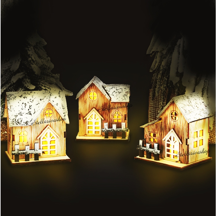 Mô hình nhà gỗ có đèn led decor giáng sinh trang trí tiểu cảnh Noel