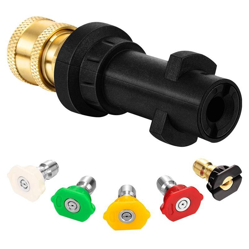 Pressure WasherGun Adapter with 1/4 Inch Brass Female Quick Connector Fitting and 5 Packs 1/4 Inch Multiple Degrees Pressure Washer Spray Nozzles Tips, Fit for Karcher K Series