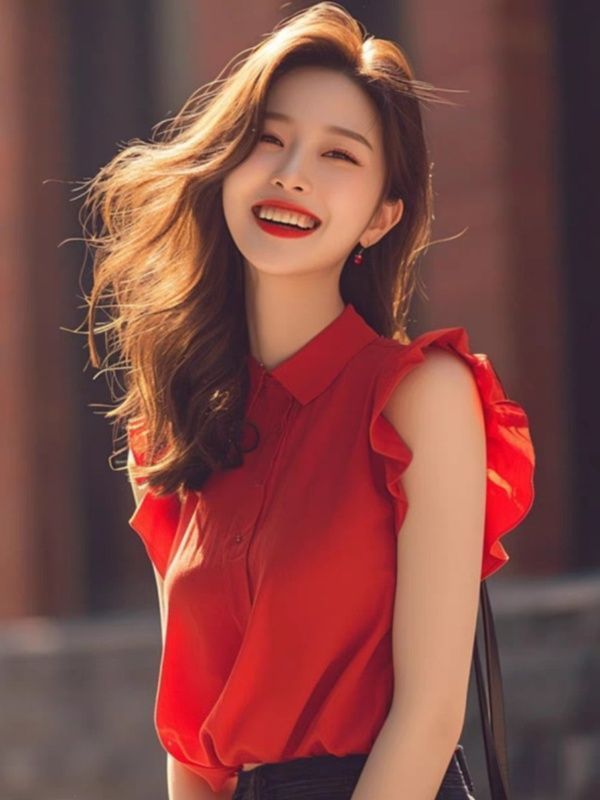 Luxqlo Áo sơ mi sát nách nữ thời trang mới Áo kiểu màu đỏ phong cách Hàn Quốc mùa hè Áo nữ 2024