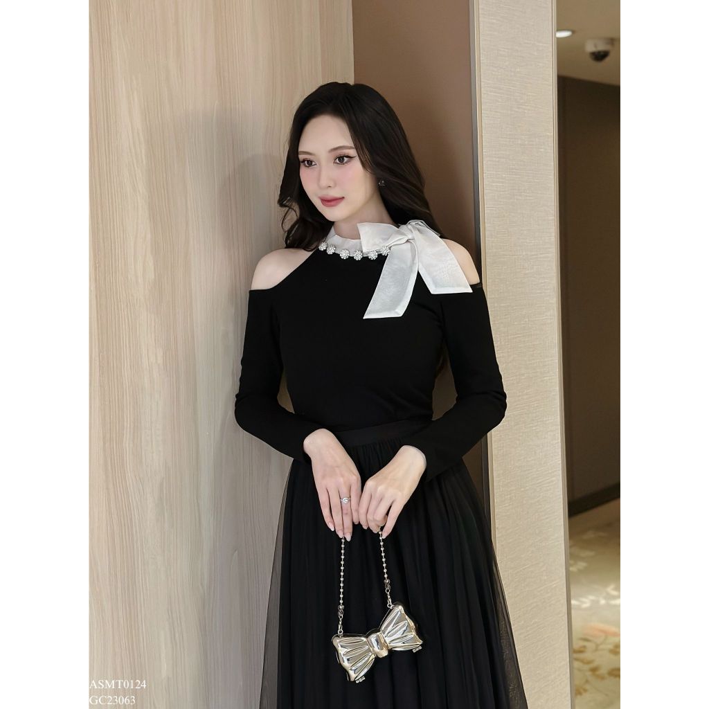 Áo len cổ phối viền thắt nơ đính khuy tiinstore ahd975