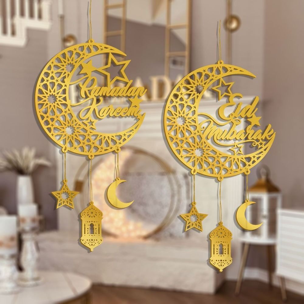 TU3Y Vàng  dây chuyền tường Eid Mubarak Acrylic Gương Đồ trang trí hình sao và  trăng  Trang trí treo Biển hiệu cửa Ramadan Kareem Đồ dùng tiệc tùng