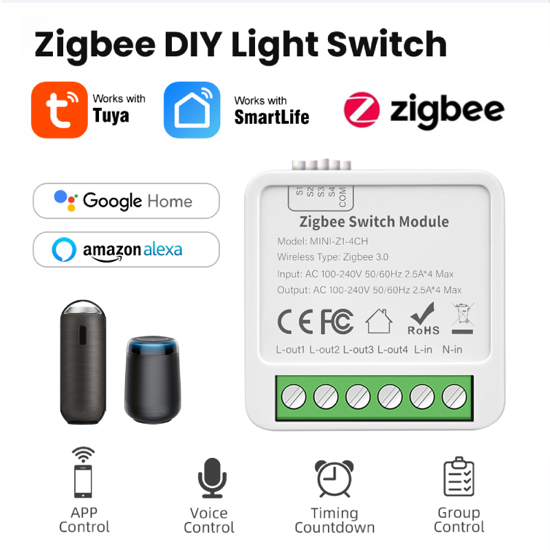 Jiuch Tuya ZigBee 3.0 đèn thông minh mô-đun chuyển đổi thông minh tự động hóa nhà DIY ngắt Hỗ trợ 2 cách kiểm soát 2/3/4 Gang công tắc Mini cuộc sống thông minh ứng dụng làm việc cho Alexa Google nhà