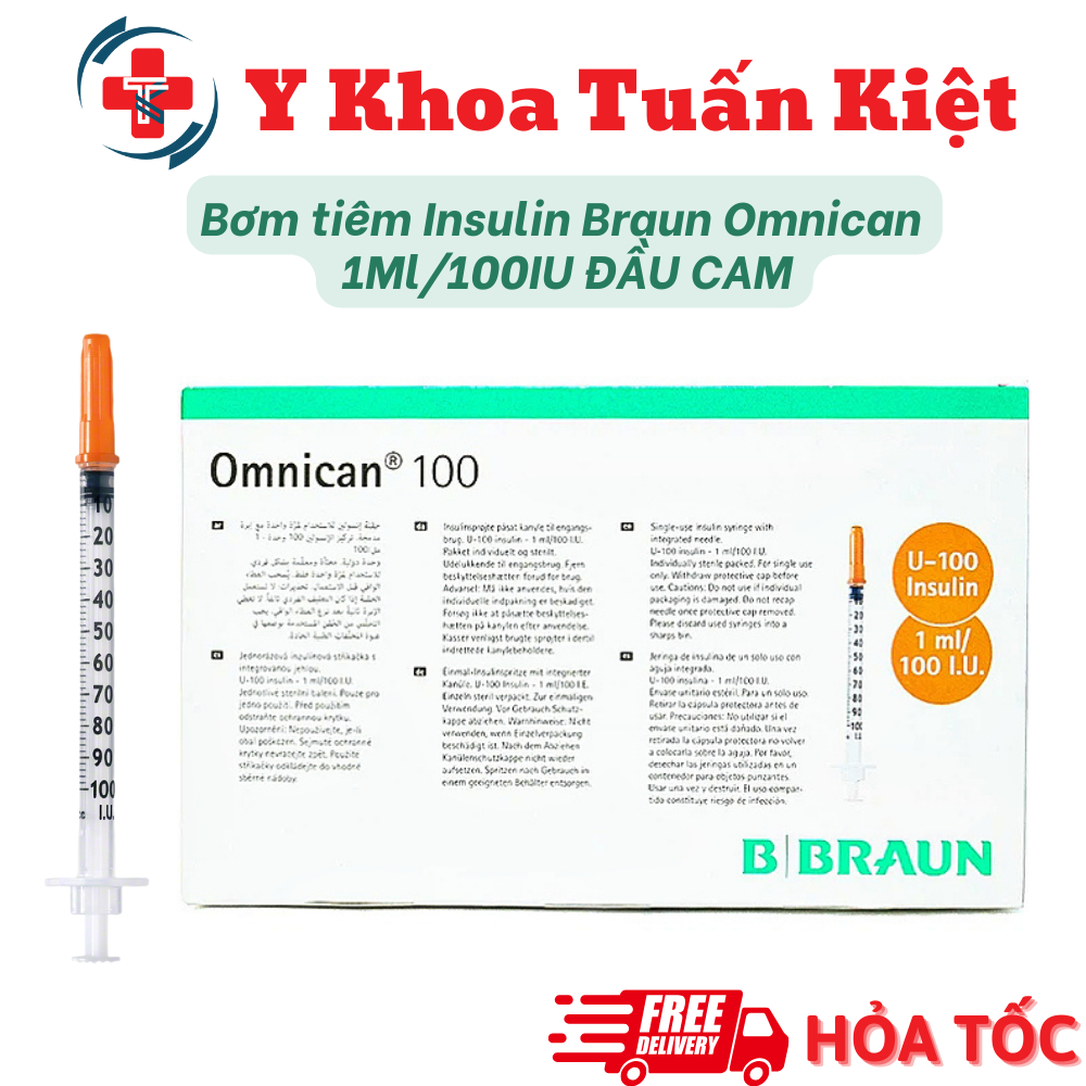 ✅ Bơm tiêm, kim chích tiểu đường Insulin Braun Omnican 1Ml/100IU ĐẦU CAM