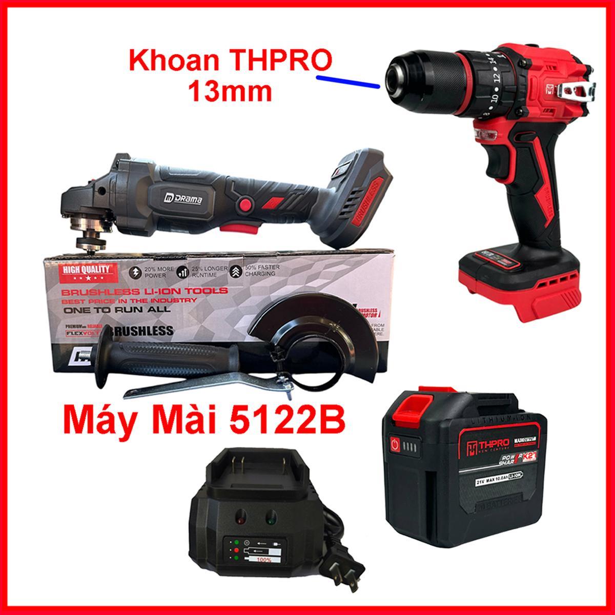 COMBO Máy Cắt Mài Góc Drama 5122B, Máy Khoan THPRO 13mm, Pin 20 Cell, Sạc, động cơ không chổi than lõi đồng