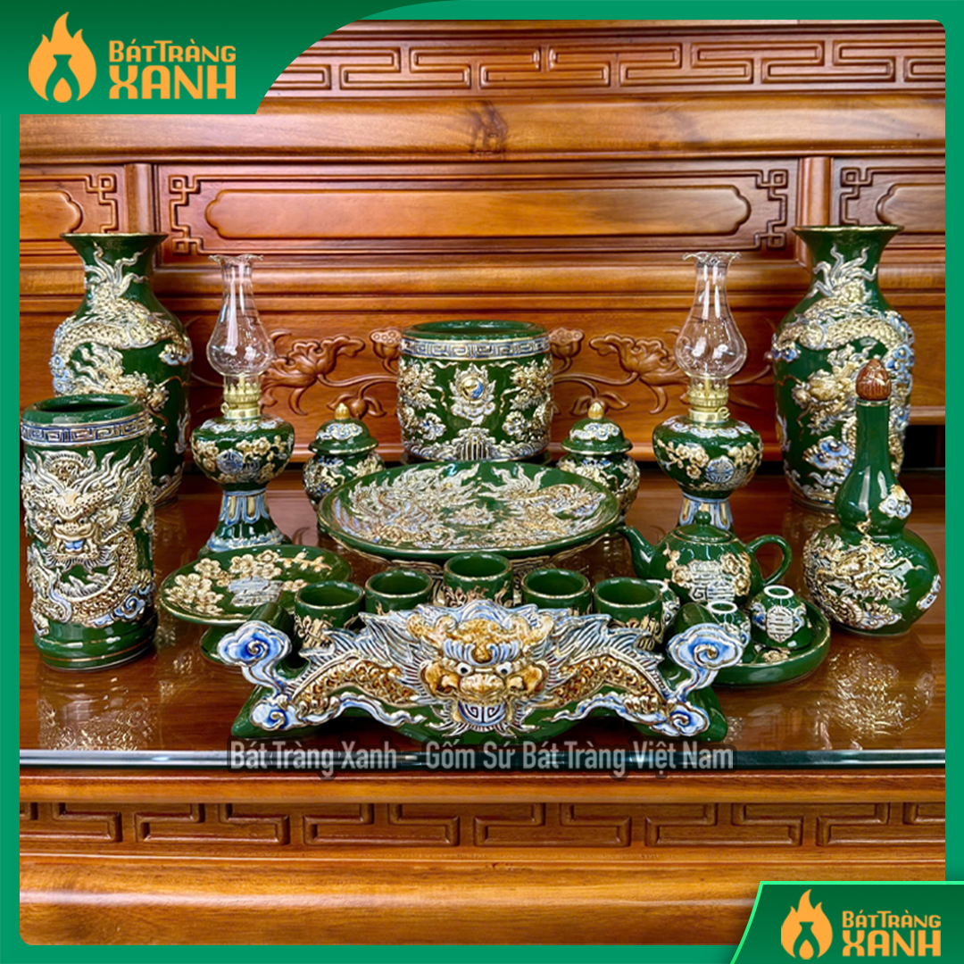 Bộ Đồ Thờ Men Xanh Lá Đắp Nổi Vẽ Vàng Cao Cấp – Nghệ Thuật Gốm Sứ Bát Tràng Tôn Nghiêm và Sang Trọng Cho Không Gian Thờ Giá 1,276,000 Đồng*Miễn phí vận chuyển
