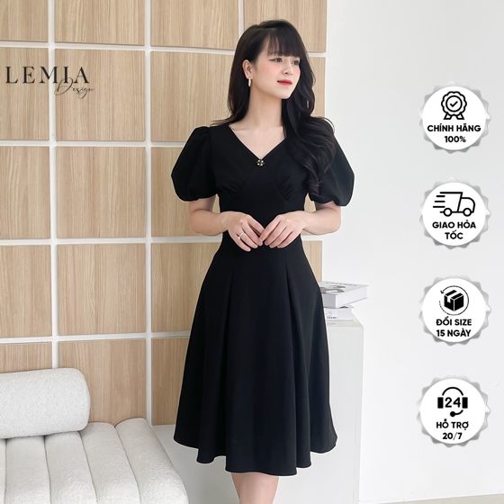 Váy xếp ly cổ v tay bồng công sở kiểu dáng basic by lemia design - 22v041