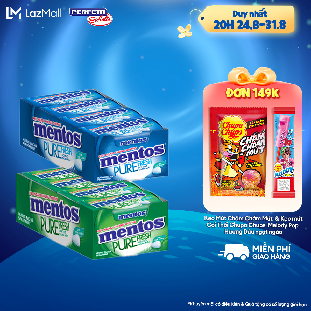 Kẹo ngậm không đường Mentos Pure Fresh Hương Bạc Hà Peppermint (Hộp giấy gồm 12 hộp thiếc)