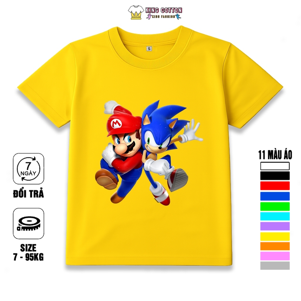 Áo thun trẻ em Sonic Mario vải Poly Thái Mặc Mát Không Xù Lông, Size 7 - 95kg, King Cotton