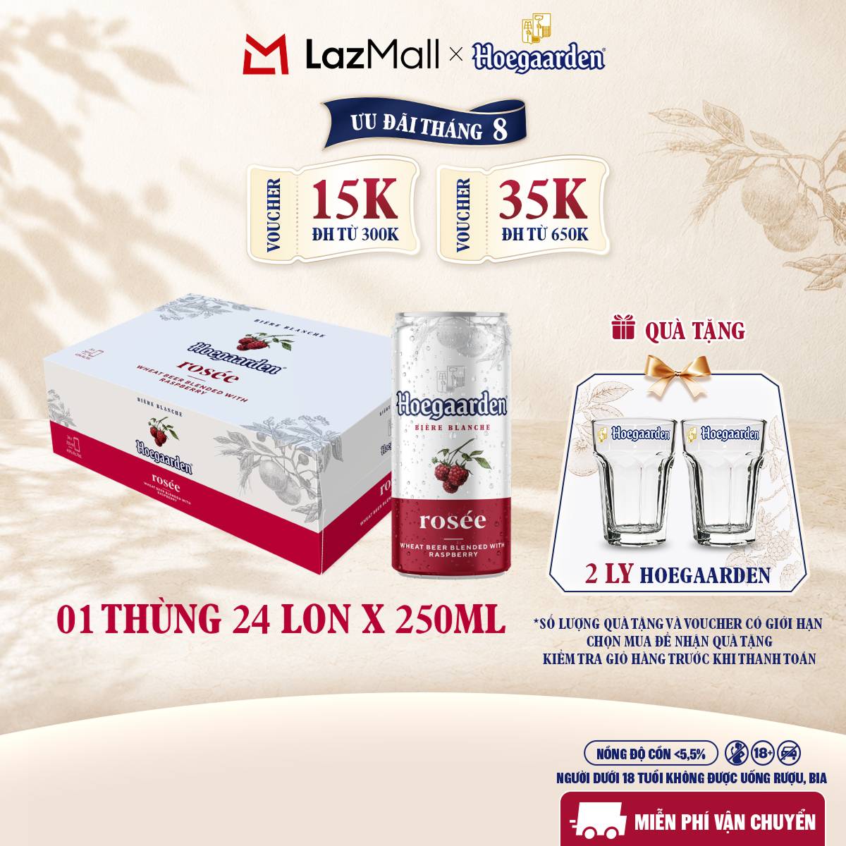 Thùng 24 Lon Bia Hoegaarden Rosée (250ml/lon) - Hàng Mới Về