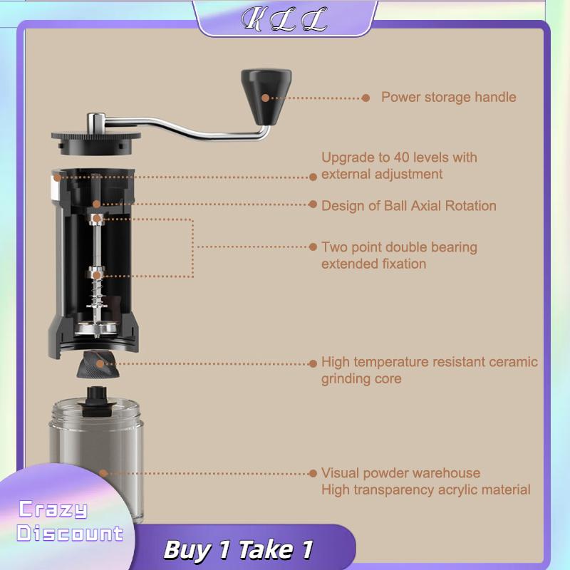 KLL Máy xay cà phê thủ công mini với 5 cài đặt 40 cài đặt có thể điều chỉnh, máy xay cà phê cầm tay có dung tích 30g