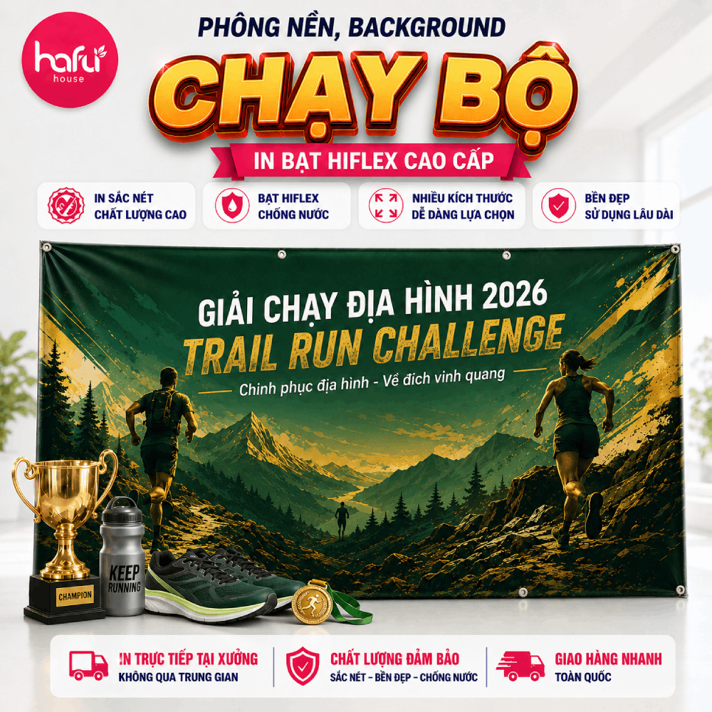 Phông Nền Backdrop Chạy Bộ 2026 In Bạt Hiflex Cao Cấp – Giải Chạy Marathon, City Run, Trail Run