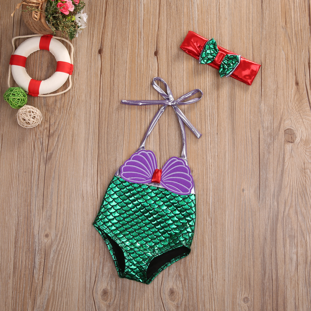 Kid Girl One Piece Bikini Shellfish Scale Mermaid Print Lace-up Swimwear Summer Clothes ราคา 129 บาท*ส่งฟรี
