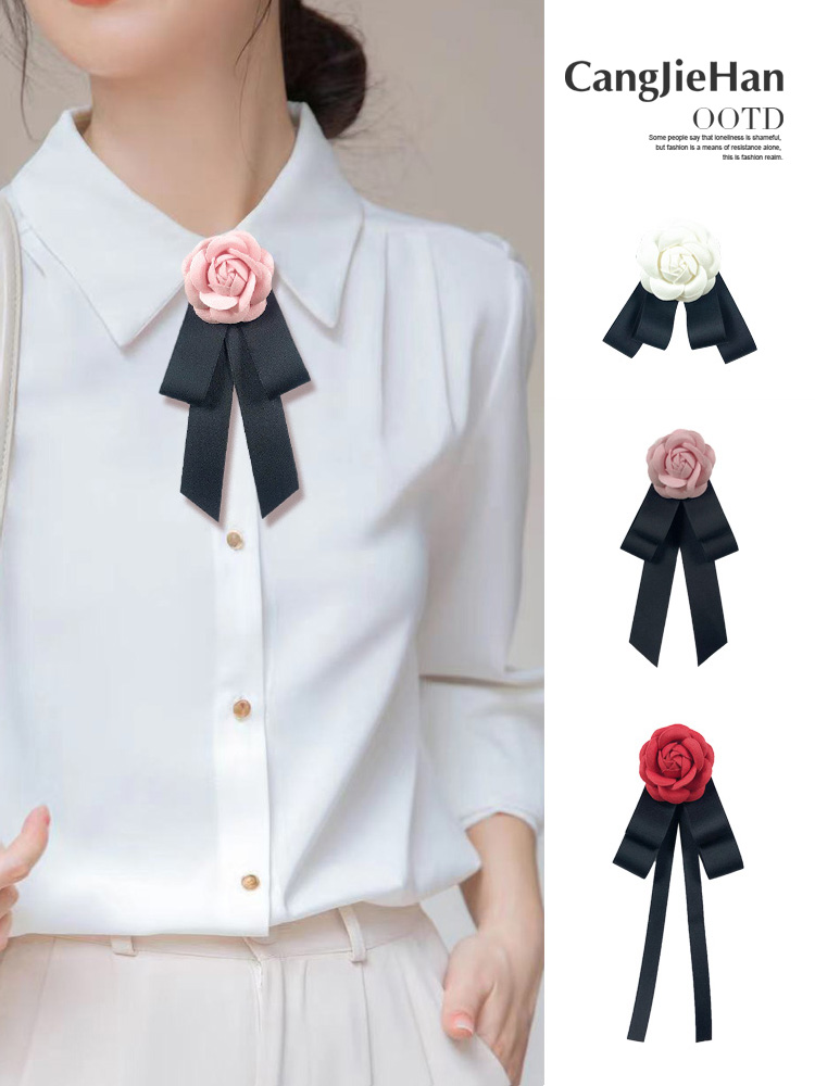 Camellia tie, women's French collar, bow, brooch, dress shirt, small fragrant wind, ribbon collar decoration, brooch Fashion Brooches & Pins