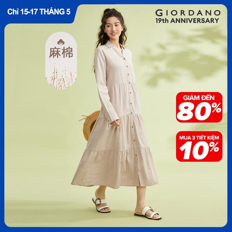 GIORDANO Women Dresses Linen Cotton Lightweight Fashion Poplin Dresses V-Neck Button Closure Relaxed Casual Dresses 05463348