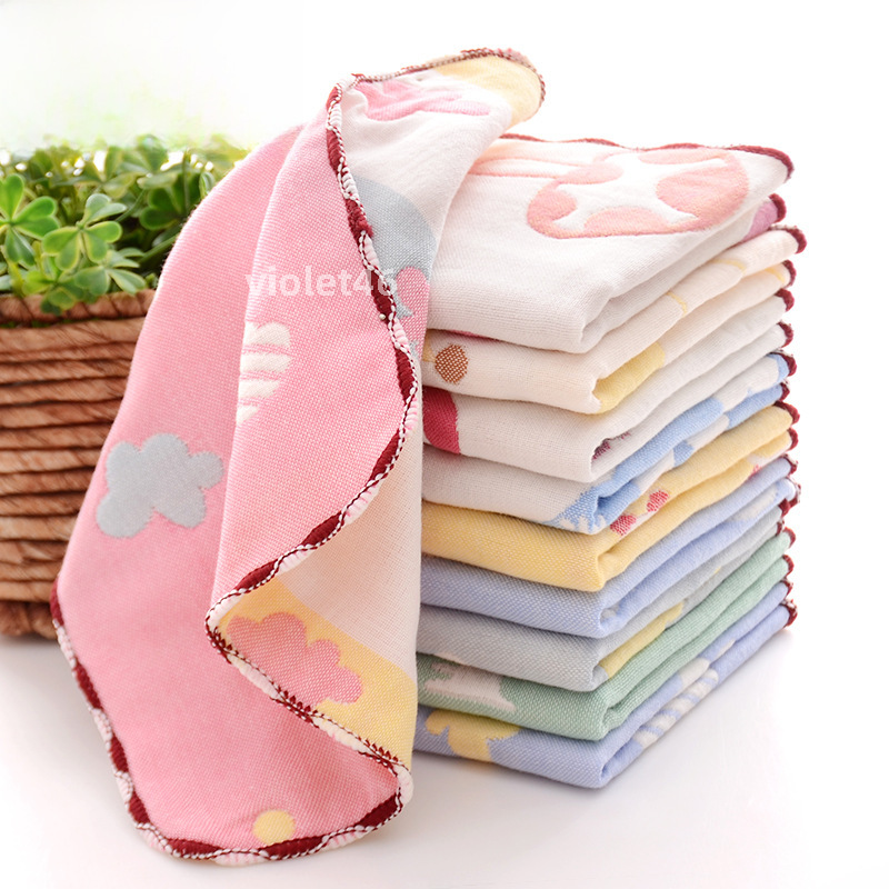 Khăn Vuông Gạc Trẻ Em Khăn Thấm Nước Bọt Bông 6 Lớp 25*25 Jacquard Khăn Nhỏ