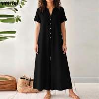 VONDA Women Leisure Crew Neck V-Neck Button Jumpsuits Holiday Wide Leg Short Sleeve Overalls #0622