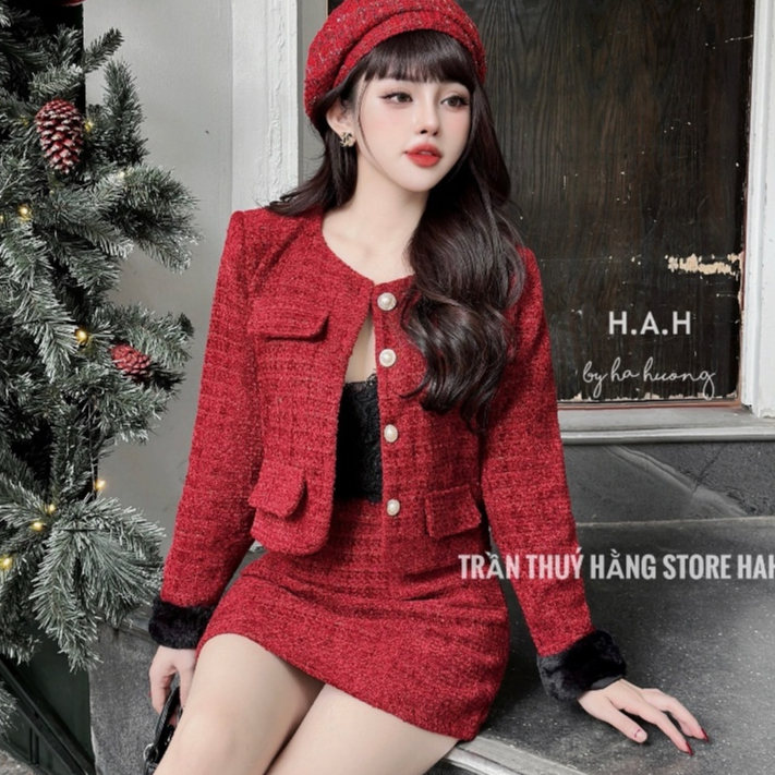 Set đồ dạ tweed đỏ nữ tiểu thư sang chảnh áo khoác dài tay phối lông kèm chân váy dáng A ngắn công sở thanh lịch LEVAN