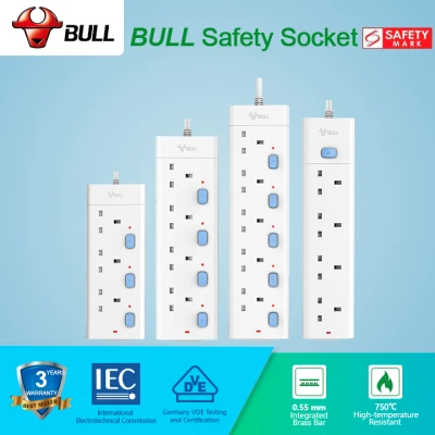 Bull Safety Socket 3/4/5 Way Extension Socket Outlet with Safety Mark& 3 Years Warranty GNSG-ALL Professional Lightning Protection & Surge Protector For Computer. Power Strip have LED Indicator & 2-PIN Plug Friendly(1.8/3.0/5.0 Meters Power Cord)