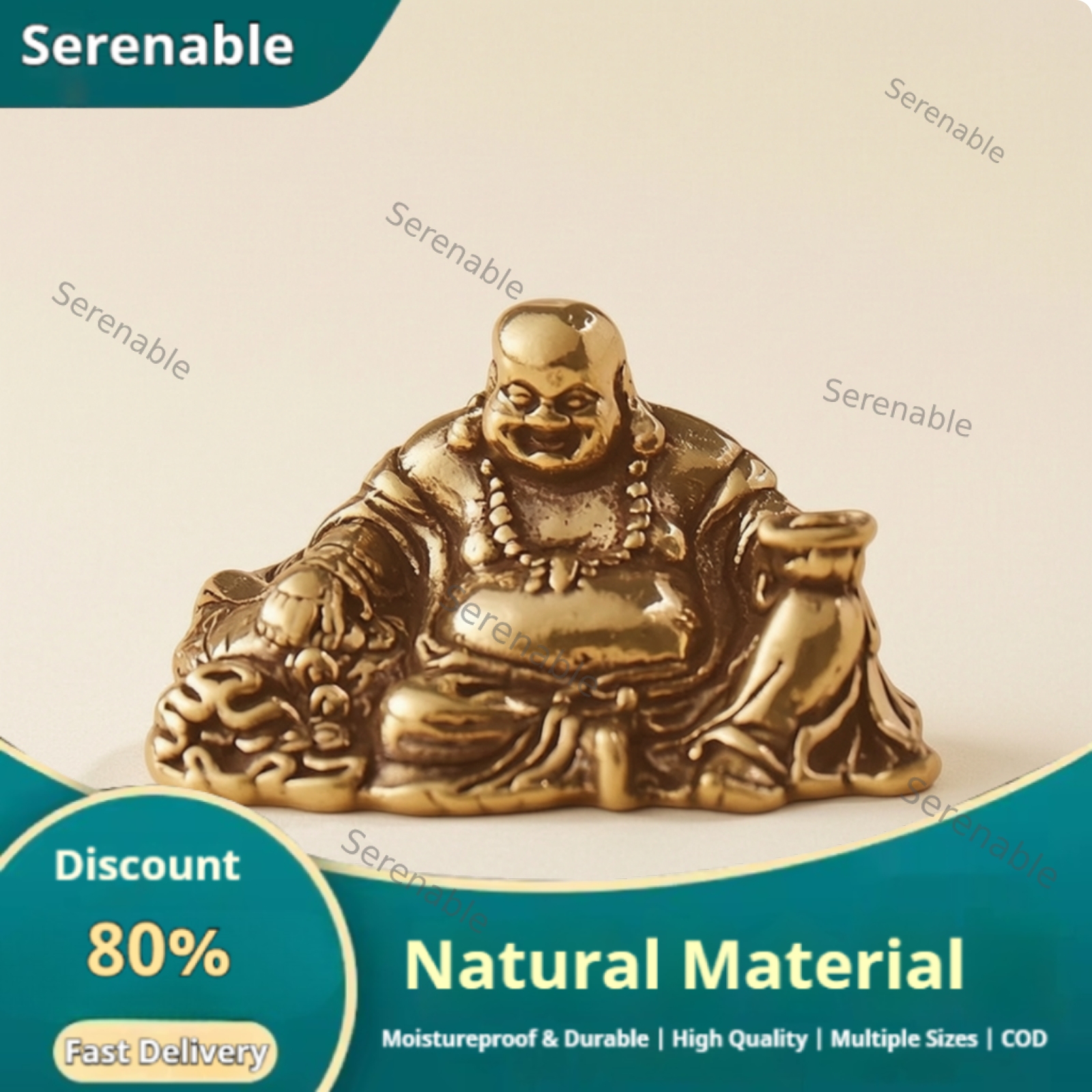 Serenable Feng Shui Laughing Buddha Statue Good Fortune Laughing Buddha Figurine Miniature Brass Ornament Gold-Toned for Collectors Office Desk Bookshelf Meditation Room