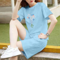 ELF TRIBE Quần đùi áo thể thao nữ quần soóc rộng tay Hàn Quốc com lê thoải mái cỡ lớn vải cotton 2 bộ chi tiết