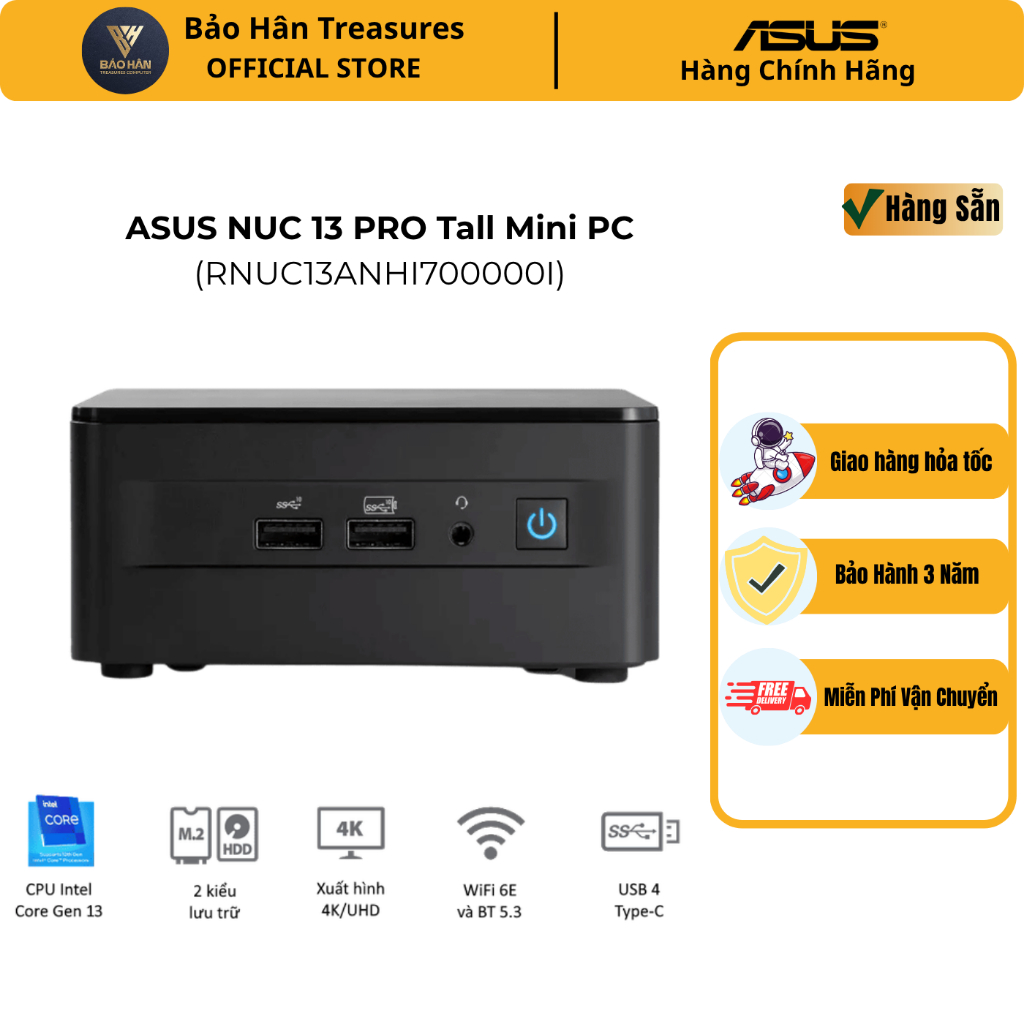 MINI PC ASUS INTEL NUC13 PRO Tall/I7-1360P/2xDDR4-3200/3xNVMe/SATA/ 2x HDMI 2.1/2x DP 1.4a/VESA MOUNT/ RNUC13ANHI700000I