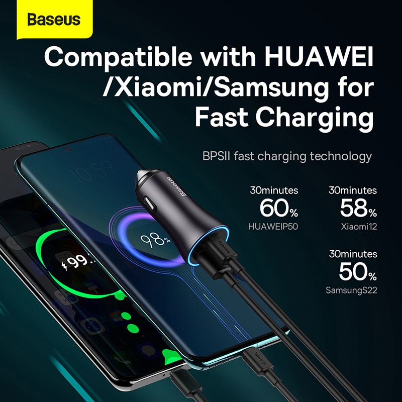 2023 Newly listed Baseus 60W Metal USB Type C Car Charger Quick Charge SCP