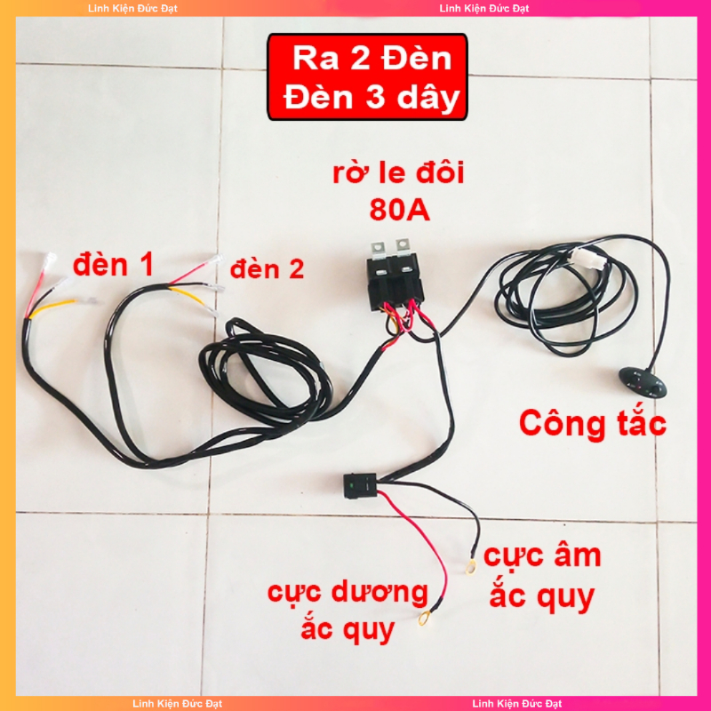 Bộ Rờ le LED trợ sáng ra Đèn 3 Dây, Kèm Công Tắc ON OFF, 12v80a Max 240W cầu chì 30a