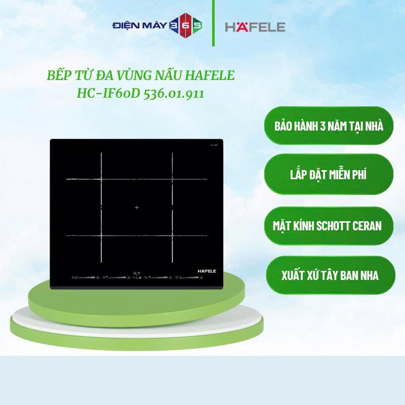 Hafele HC-IF60D 536.01.911 – Bếp từ âm lắp đặt chuẩn mặt đá, nhận diện đáy nồi tiết kiệm điện, 09 mức nhiệt, hẹn giờ từng vùng, khóa trẻ em, an toàn chống tràn