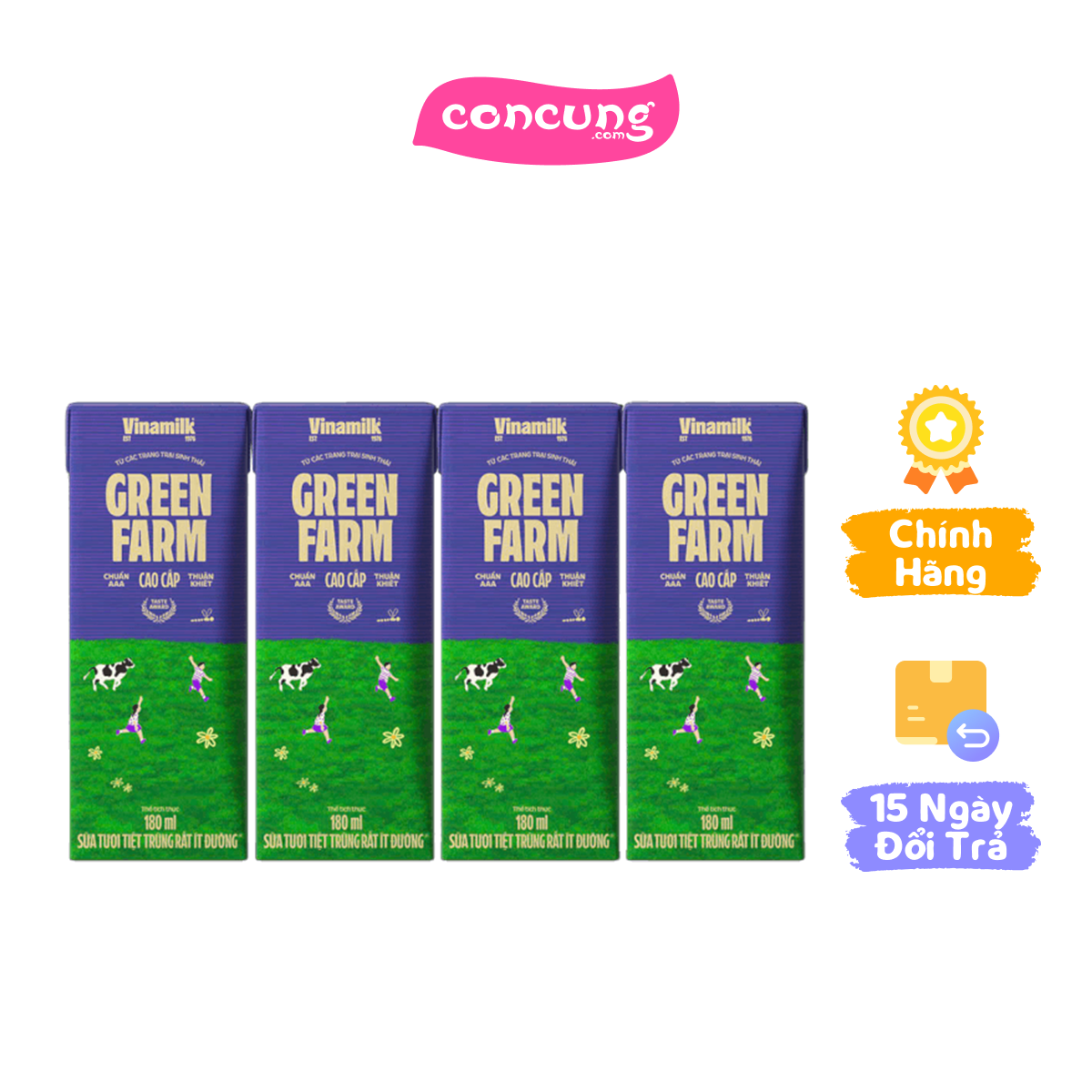 Sữa tươi tiệt trùng Vinamilk Green Farm rất ít đường 180ml (lốc 4 hộp)