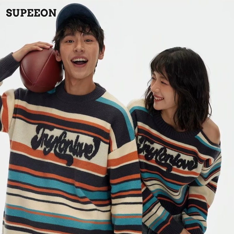 SUPEEON Vintage striped sweater Men s and women s autumn and winter