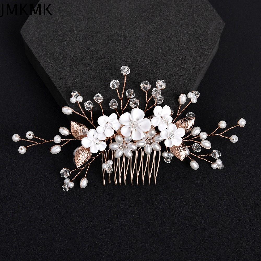 JMKMK Bạc Lược chải tóc Baroque Ngọc Trai Lưới Kẹp tóc hình lá pha lê Cổ điển Kim loại Lược chải tóc hoa Phụ nữ