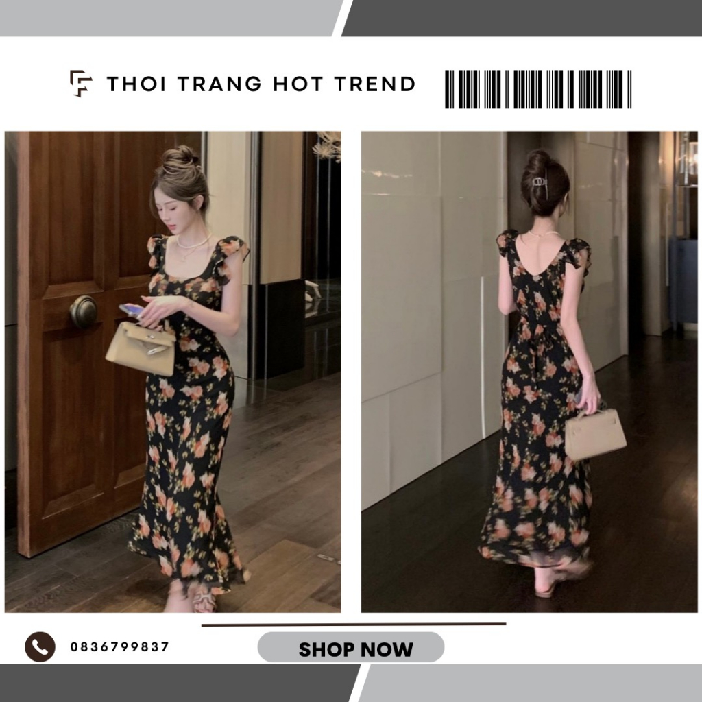 Váy body dáng dài , tay én phối hoa hồng siêu xinh, váy đuôi cá tôn vòng 3